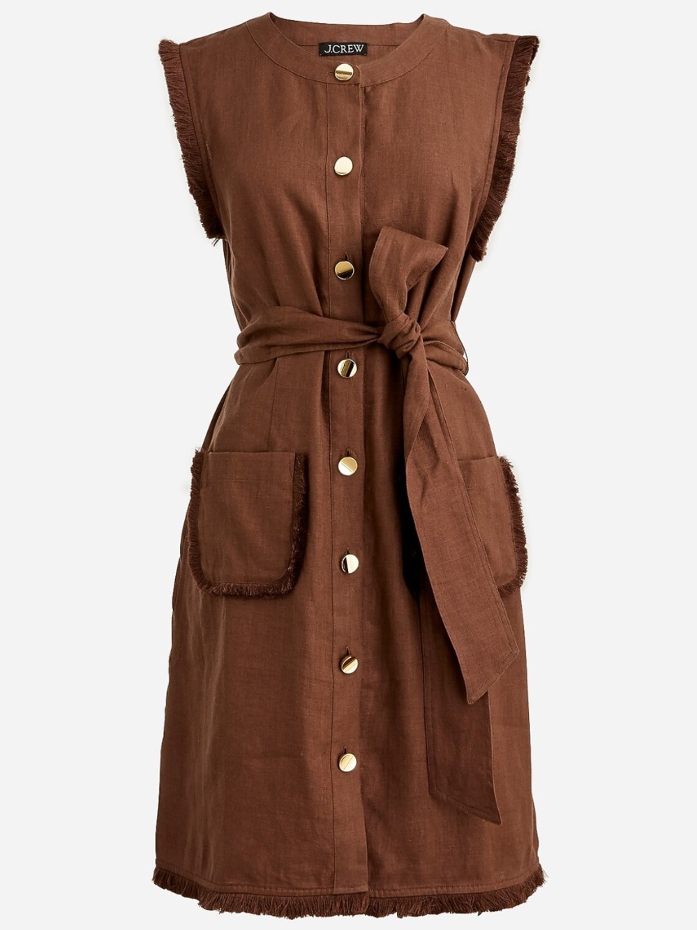 Spring 2024 J.Crew Raw Hem Mini Button Front Shirt Dress Linen Cocoa Brown Large